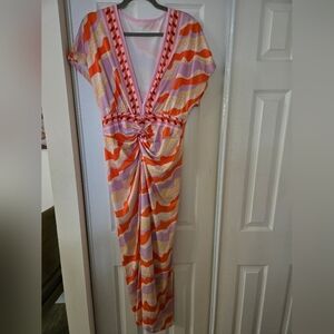SHEIN Pink Orange Striped Knot-Front Maxi Dress